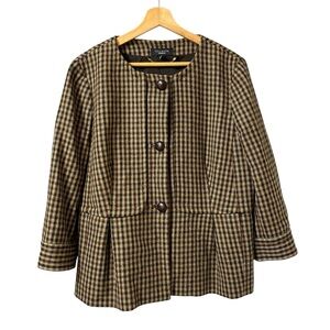Talbots vintage brown plaid Fall wool peplum button up blazer jacket size 14